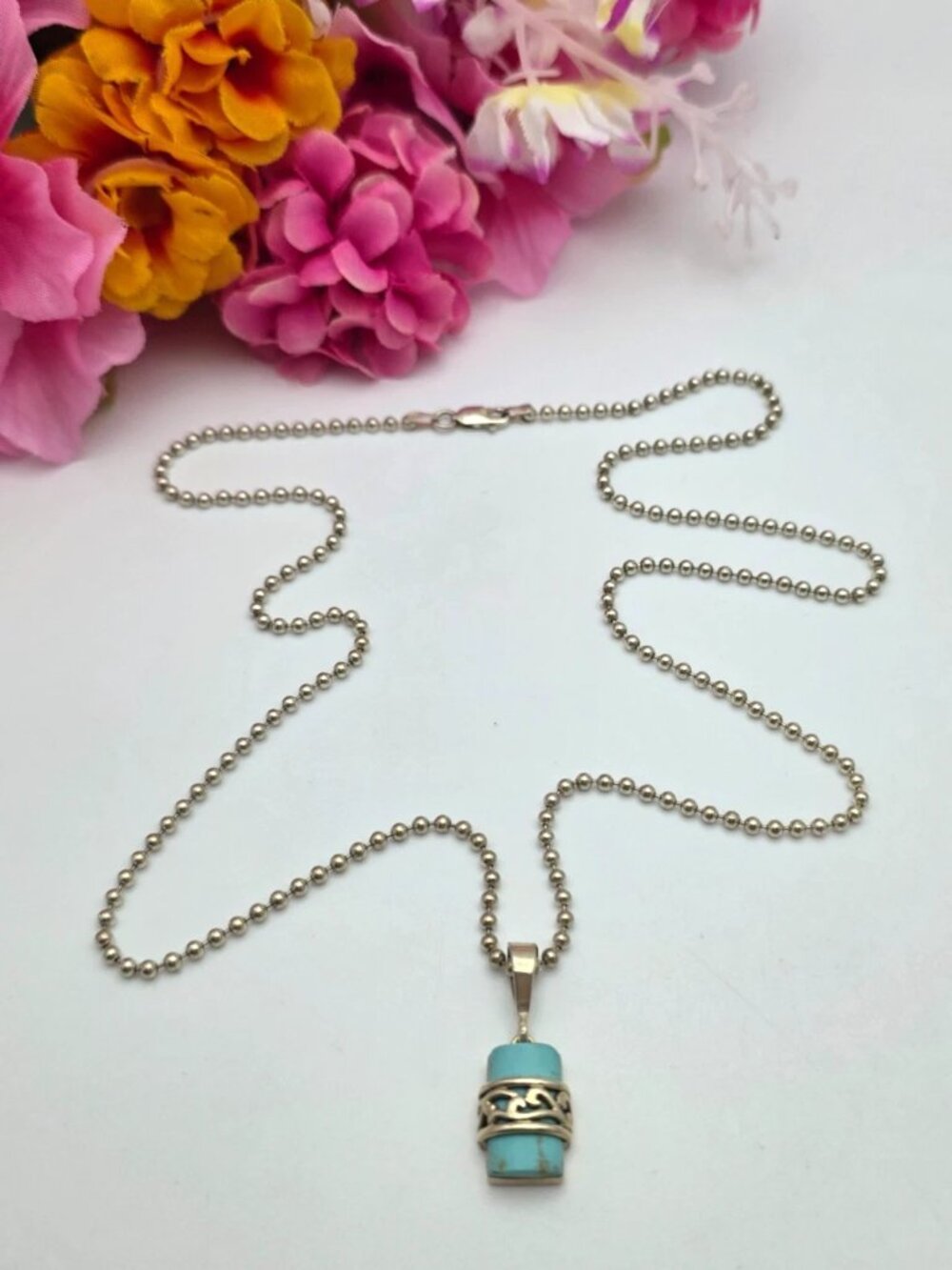 925 Sterling Silver Turquiose Pendant Necklace 24 in Ball Bead Chain Italy - Picture 9 of 10